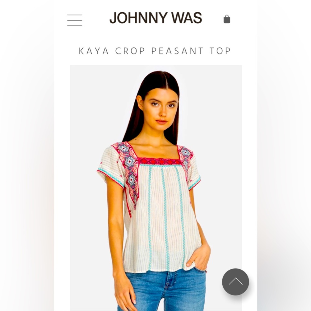 Johnny Was Kaya Crop Peasant Top - Cream, Pink, Turquoise S Small